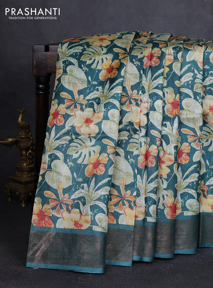 Pure tussar silk saree peacock green with allover prints and zari woven border
