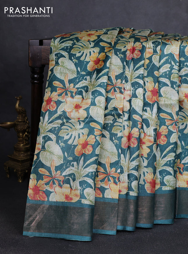 Pure tussar silk saree peacock green with allover prints and zari woven border