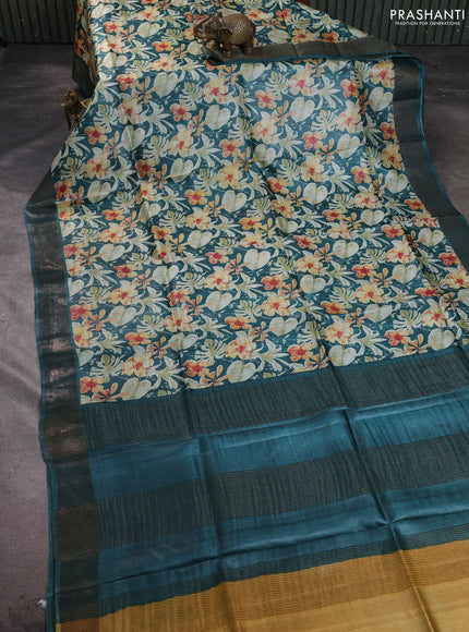Pure tussar silk saree peacock green with allover prints and zari woven border