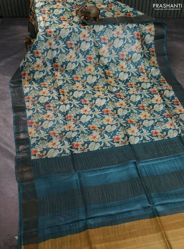Pure tussar silk saree peacock green with allover prints and zari woven border
