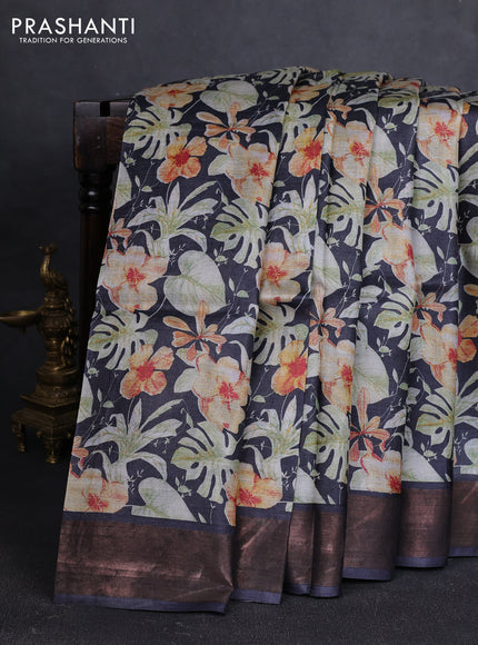 Pure tussar silk saree elephant grey with allover prints and zari woven border