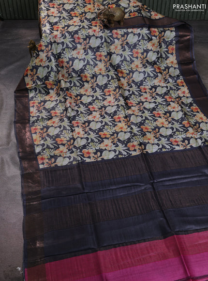 Pure tussar silk saree elephant grey with allover prints and zari woven border