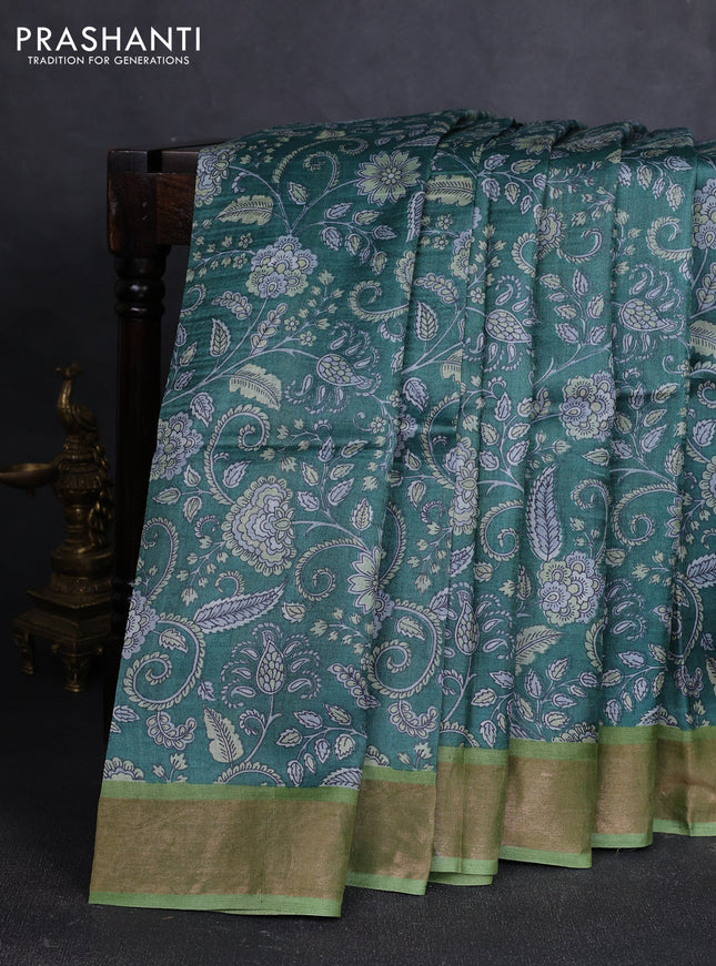 Pure tussar silk saree green and light green with allover prints and zari woven border
