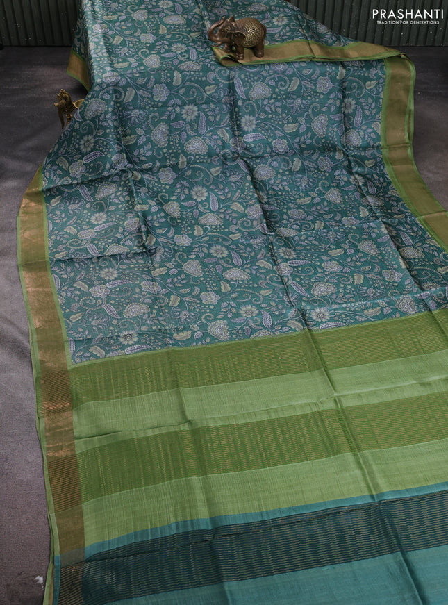Pure tussar silk saree green and light green with allover prints and zari woven border
