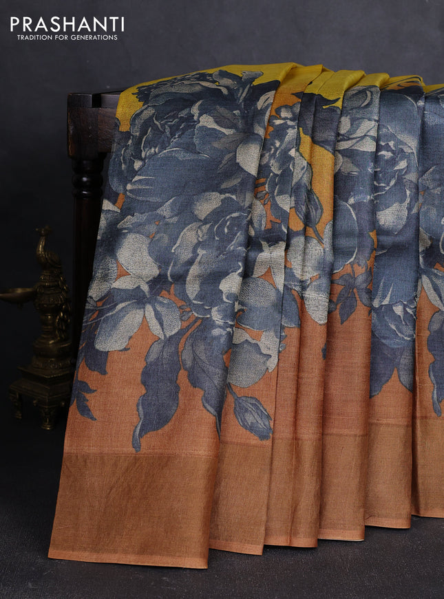 Pure tussar silk saree yellow and dark mustard with floral prints and zari woven border