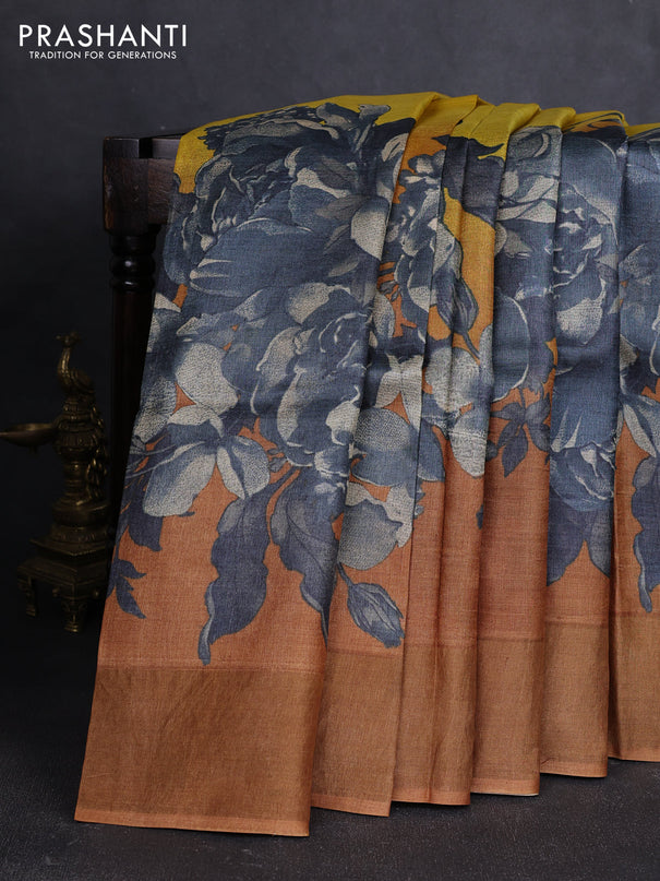 Pure tussar silk saree yellow and dark mustard with floral prints and zari woven border