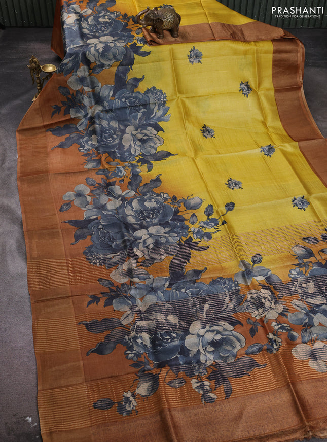 Pure tussar silk saree yellow and dark mustard with floral prints and zari woven border