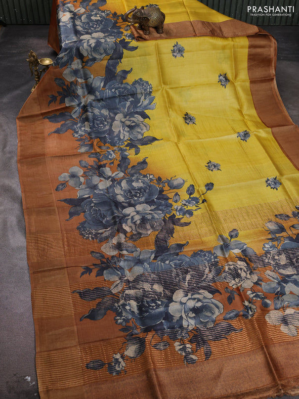 Pure tussar silk saree yellow and dark mustard with floral prints and zari woven border