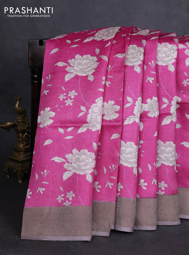 Pure tussar silk saree pink and grey shade with allover floral prints and zari woven border