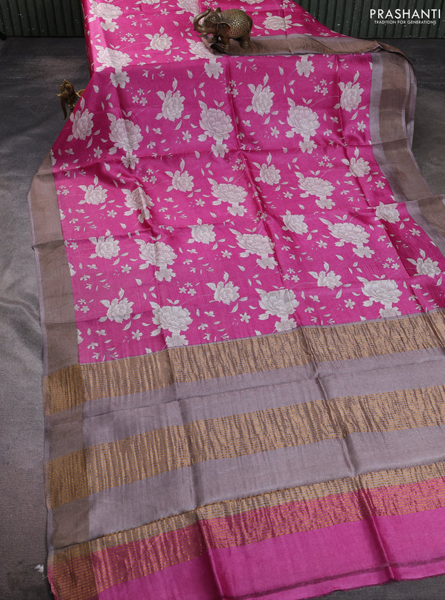 Pure tussar silk saree pink and grey shade with allover floral prints and zari woven border