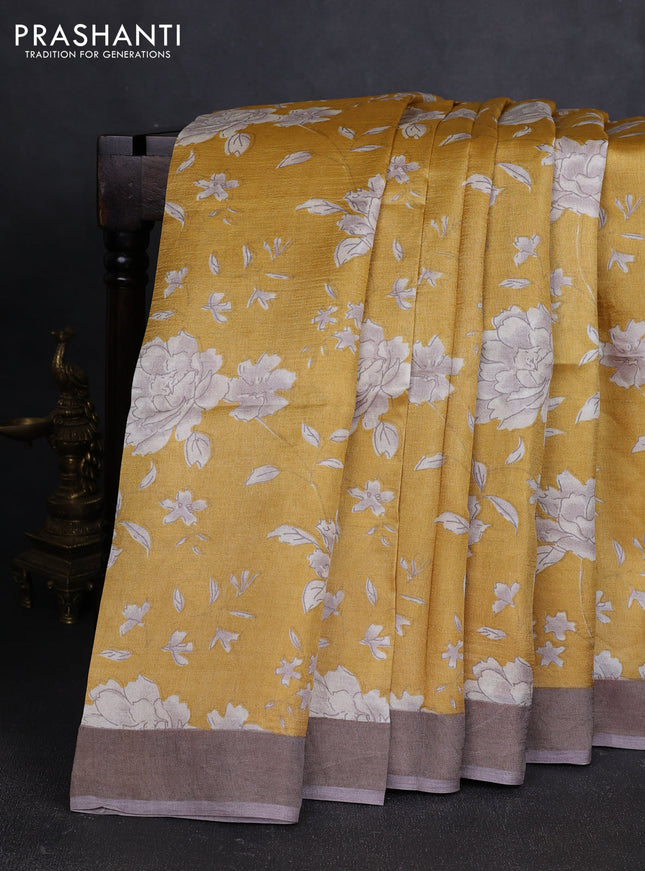 Pure tussar silk saree yellow and grey shade with allover floral prints and zari woven border