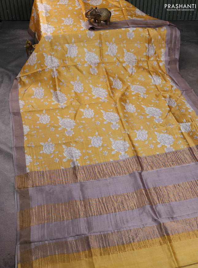 Pure tussar silk saree yellow and grey shade with allover floral prints and zari woven border