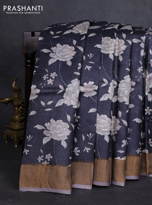 Pure tussar silk saree black and grey shade with allover floral prints and zari woven border
