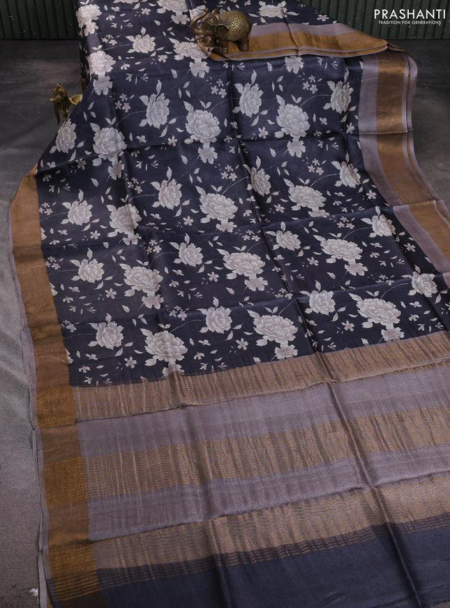 Pure tussar silk saree black and grey shade with allover floral prints and zari woven border