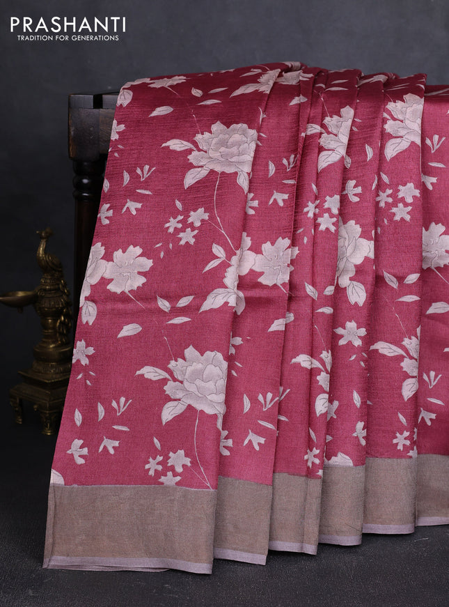 Pure tussar silk saree maroon and pastel brown with allover floral prints and zari woven border