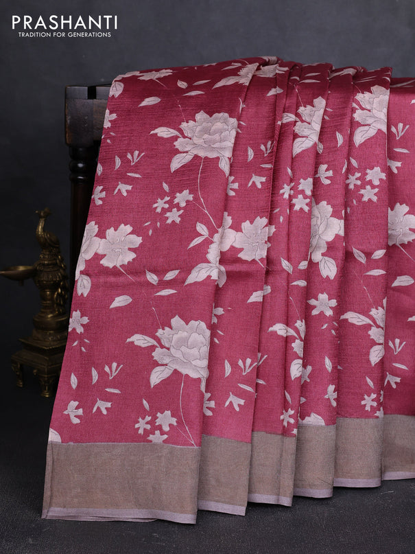 Pure tussar silk saree maroon and pastel brown with allover floral prints and zari woven border