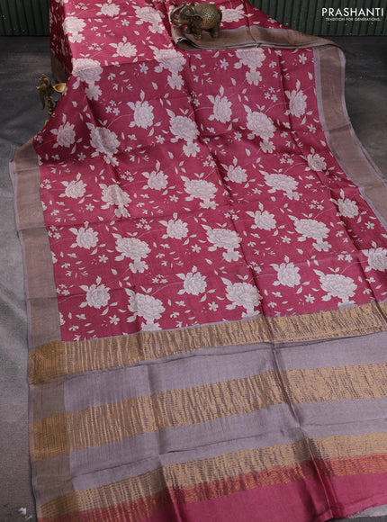 Pure tussar silk saree maroon and pastel brown with allover floral prints and zari woven border