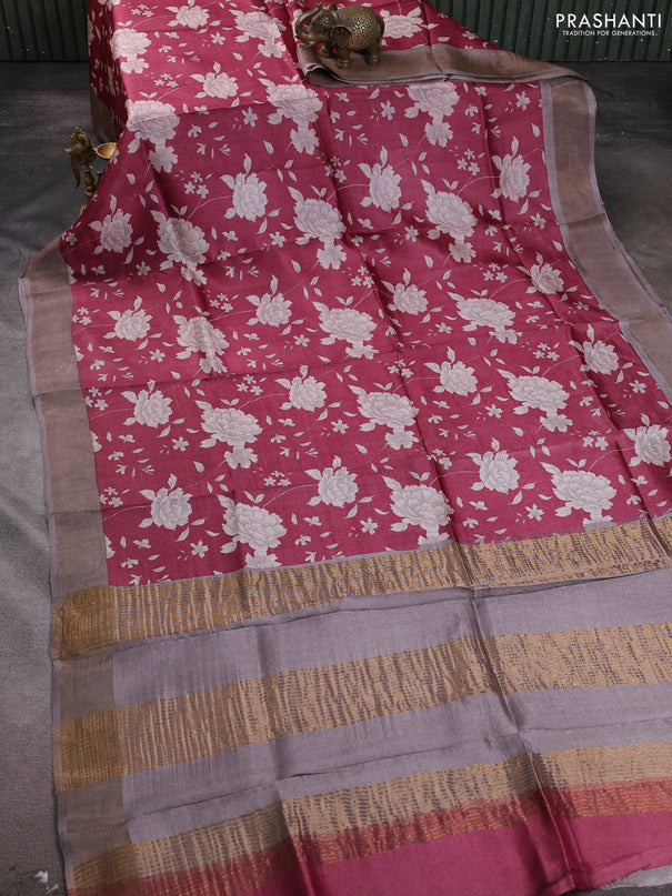 Pure tussar silk saree maroon and pastel brown with allover floral prints and zari woven border