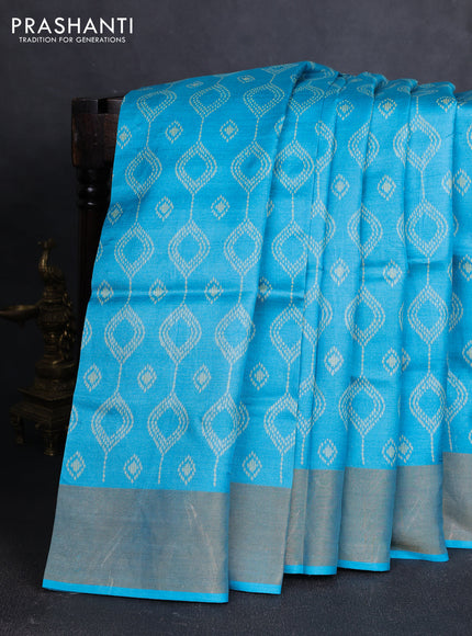Pure tussar silk saree light blue with allover geometric prints and zari woven border