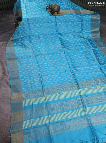 Pure tussar silk saree light blue with allover geometric prints and zari woven border