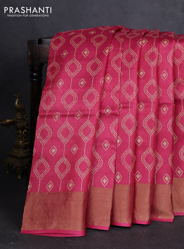 Pure tussar silk saree dark pink with allover geometric prints and zari woven border