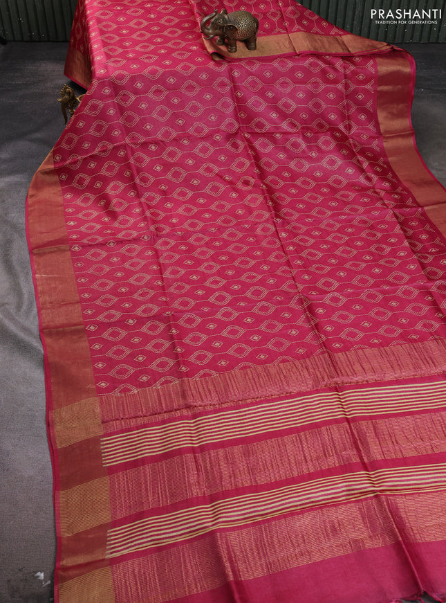 Pure tussar silk saree dark pink with allover geometric prints and zari woven border