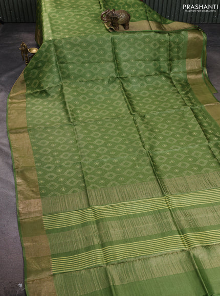 Pure tussar silk saree green with allover geometric prints and zari woven border
