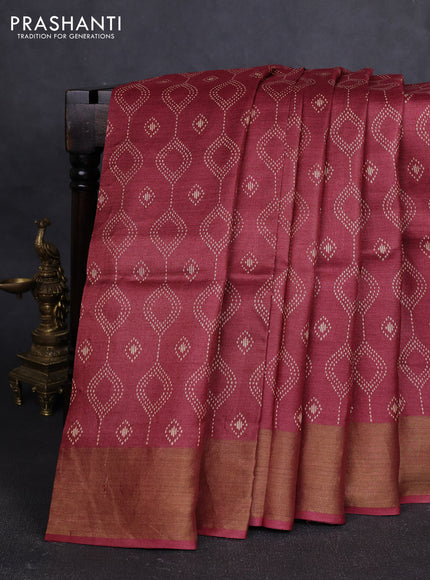 Pure tussar silk saree maroon with allover geometric prints and zari woven border