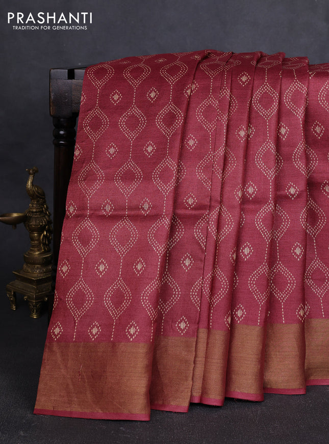Pure tussar silk saree maroon with allover geometric prints and zari woven border
