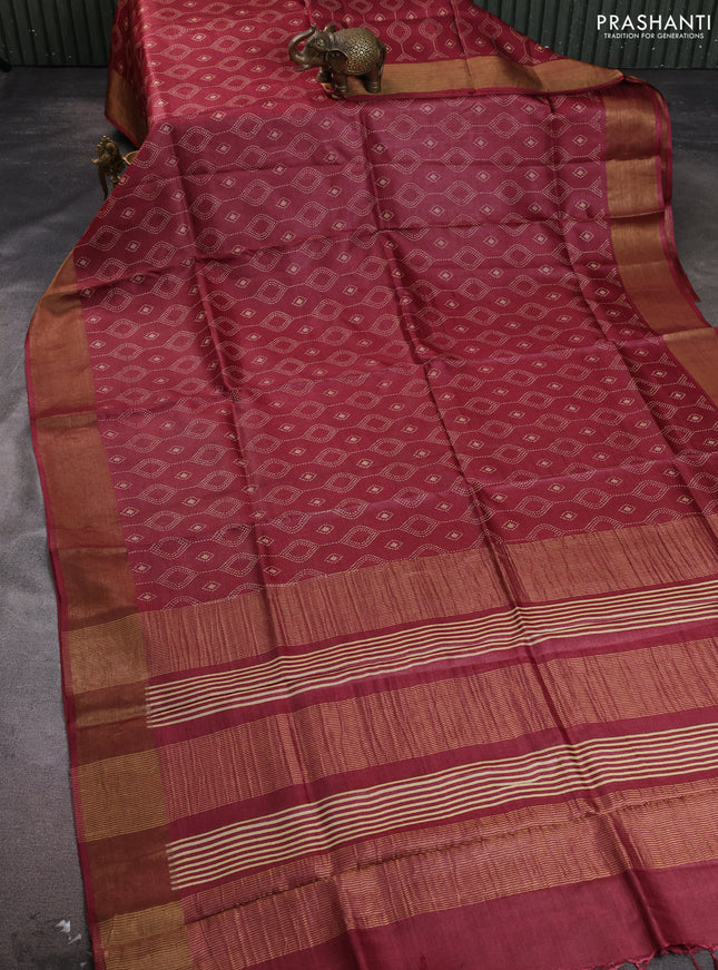 Pure tussar silk saree maroon with allover geometric prints and zari woven border