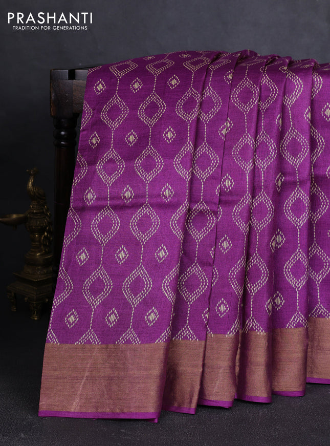 Pure tussar silk saree purple with allover geometric prints and zari woven border