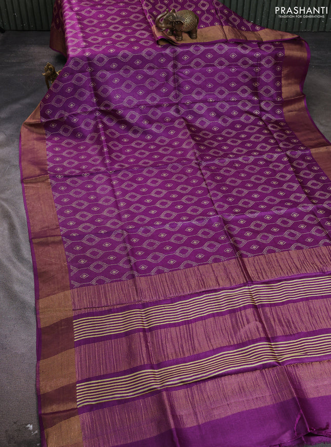 Pure tussar silk saree purple with allover geometric prints and zari woven border