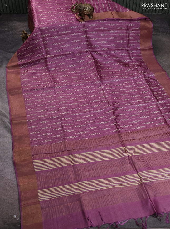 Pure tussar silk saree mauve pink with allover prints and zari woven border
