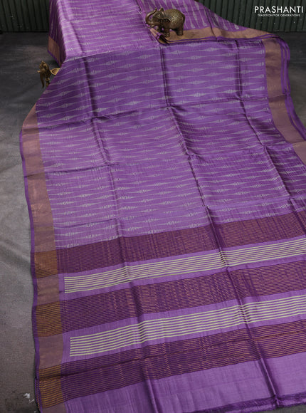 Pure tussar silk saree purple with allover prints and zari woven border