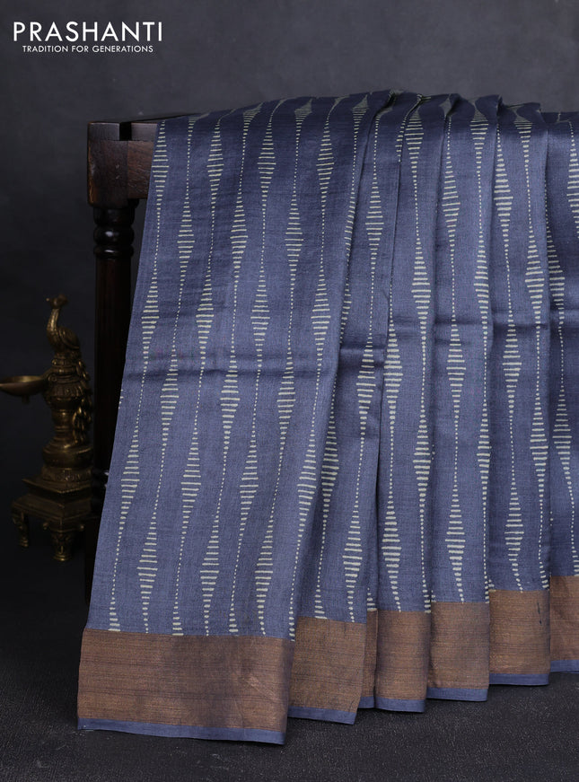 Pure tussar silk saree elephant grey with allover prints and zari woven border