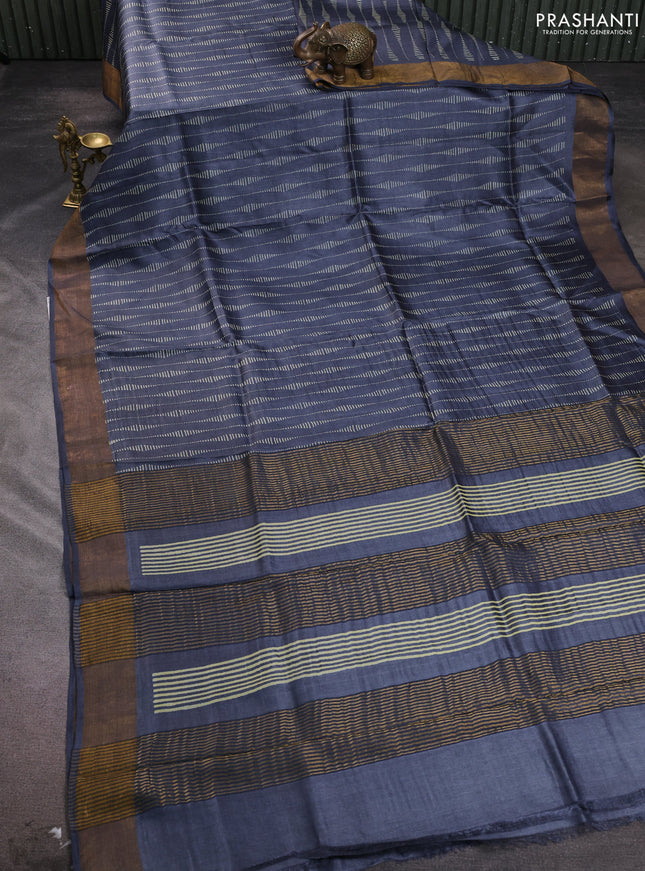 Pure tussar silk saree elephant grey with allover prints and zari woven border