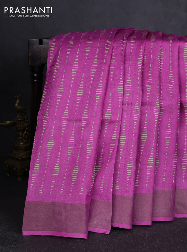 Pure tussar silk saree pink with allover prints and zari woven border
