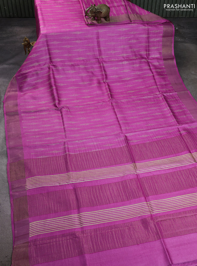 Pure tussar silk saree pink with allover prints and zari woven border