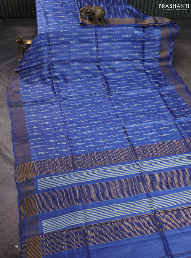 Pure tussar silk saree blue with allover prints and zari woven border