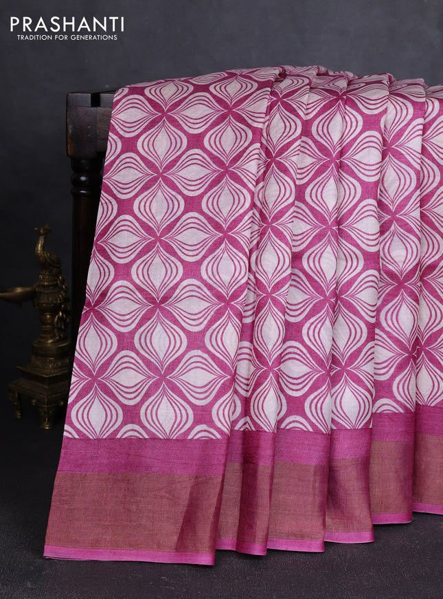Pure tussar silk saree pink and off white with allover geometric prints and zari woven border