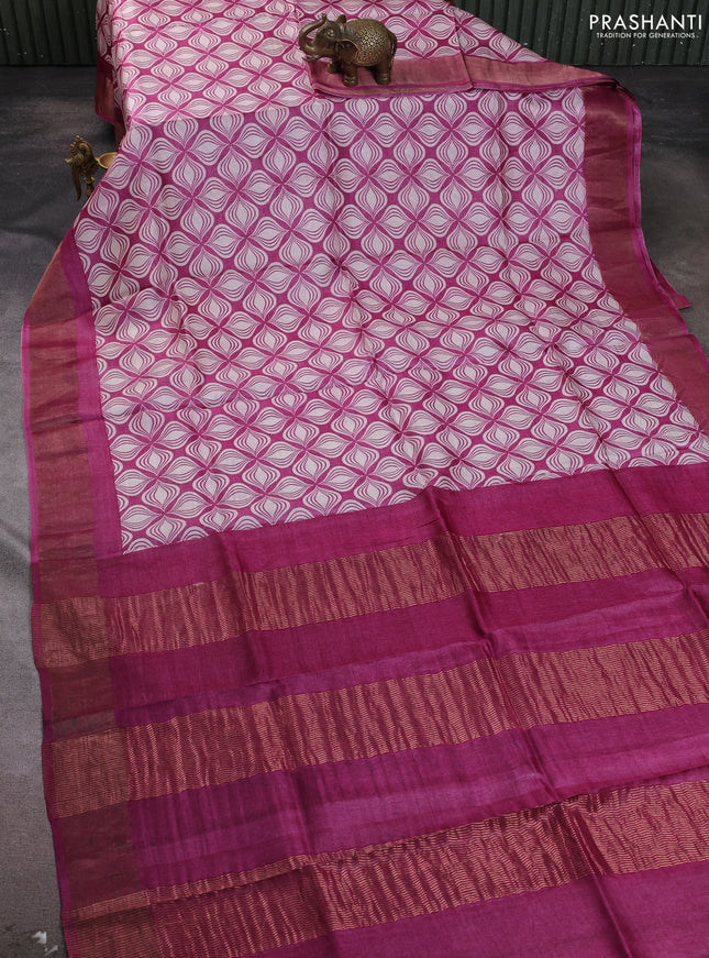 Pure tussar silk saree pink and off white with allover geometric prints and zari woven border