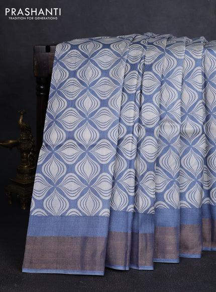 Pure tussar silk saree grey and off white with allover geometric prints and zari woven border