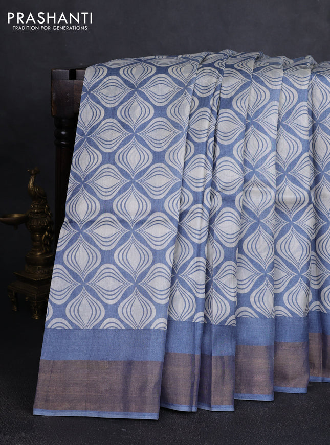 Pure tussar silk saree grey and off white with allover geometric prints and zari woven border