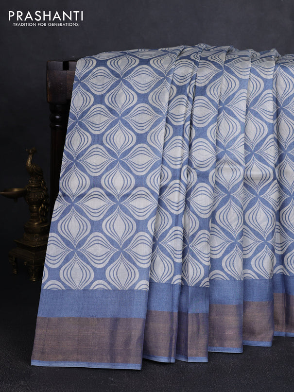 Pure tussar silk saree grey and off white with allover geometric prints and zari woven border
