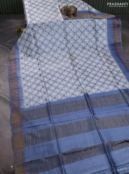 Pure tussar silk saree grey and off white with allover geometric prints and zari woven border