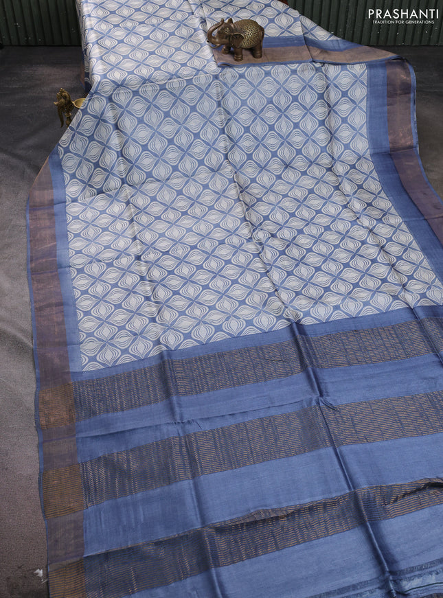Pure tussar silk saree grey and off white with allover geometric prints and zari woven border