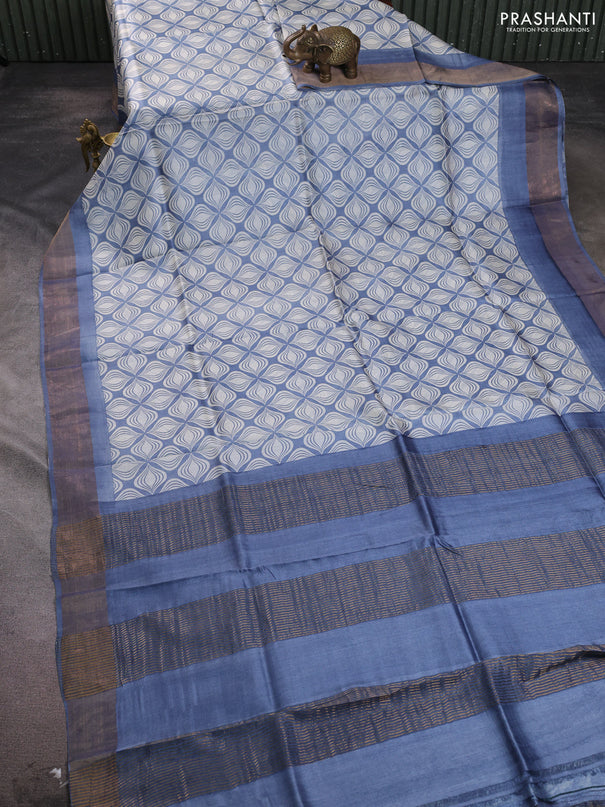 Pure tussar silk saree grey and off white with allover geometric prints and zari woven border