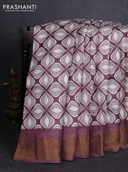 Pure tussar silk saree brown and off white with allover geometric prints and zari woven border