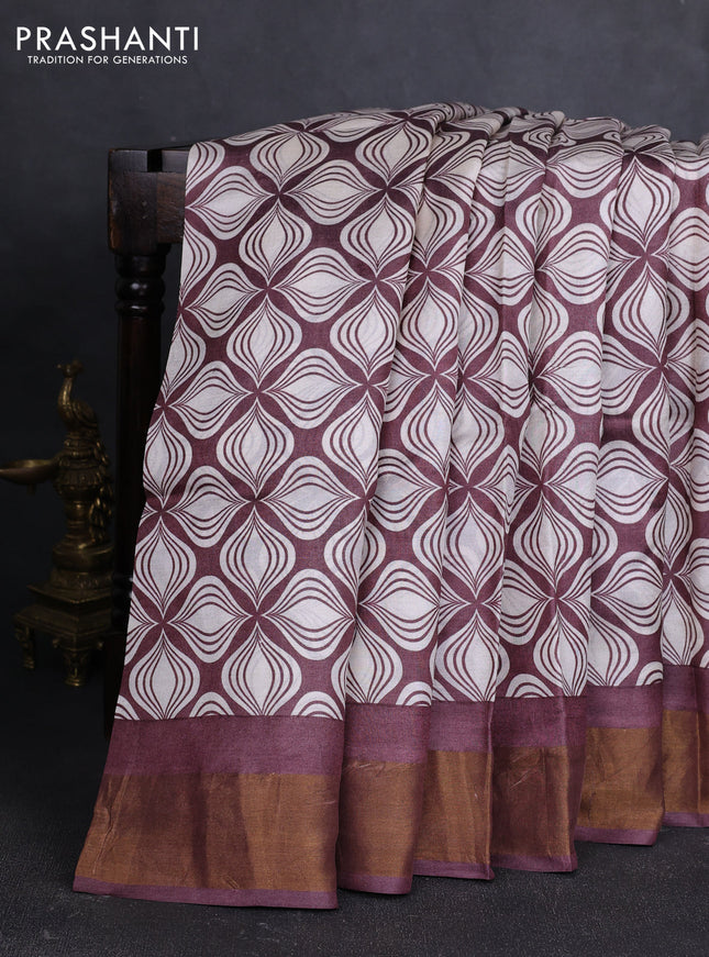 Pure tussar silk saree brown and off white with allover geometric prints and zari woven border