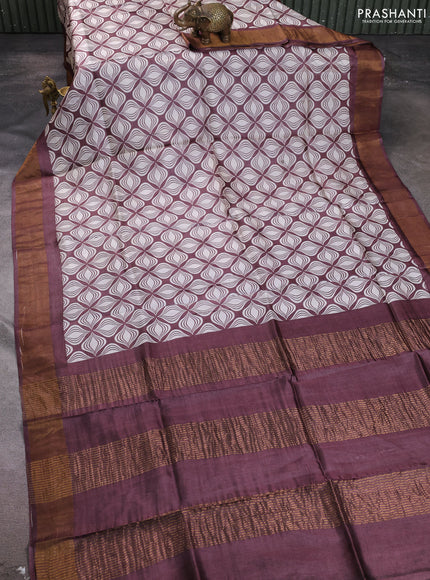 Pure tussar silk saree brown and off white with allover geometric prints and zari woven border